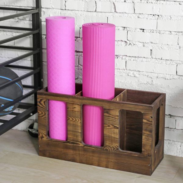 Wall Mounted Solid Burnt Wood Yoga Mat Holder Fitness Gym Foam Roller Storage Organizer Sports Exercise Mat Rack