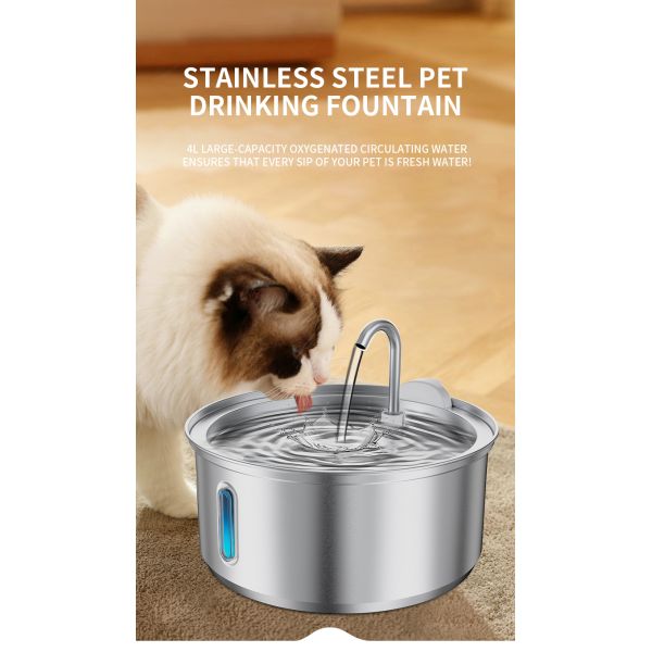 Stainless Steel Large Capacity Drinking Fountain Bowl 4L For Cats And Dogs