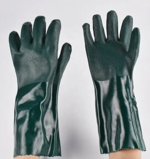 Sandy finished surface 35cm flock cotton lined Dark green waterproof chemcial resistant anti slip Pvc dipped safety work gloves