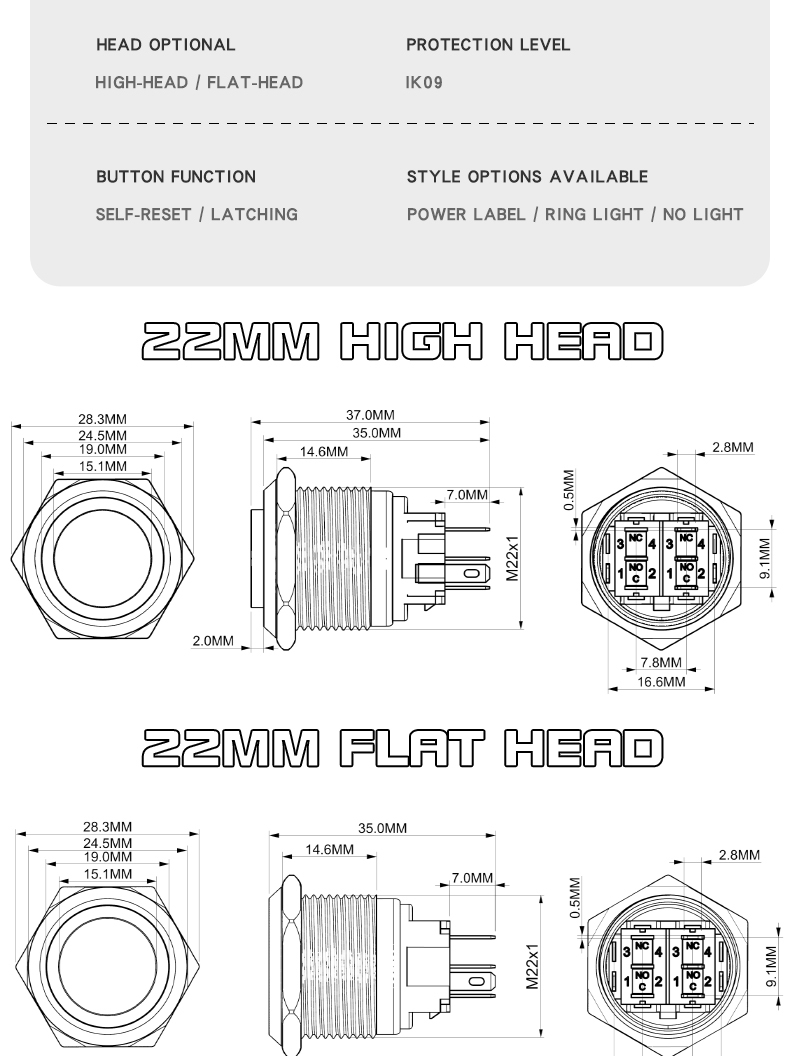 Metal push button switch 22MM, self-reset and self-locking, with light, normally open and normally closed, silver and black, power button 220V