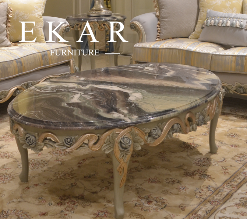 Italian Style Classic Carved Wood Marble Coffee Center Table Living Room Furniture For Sale