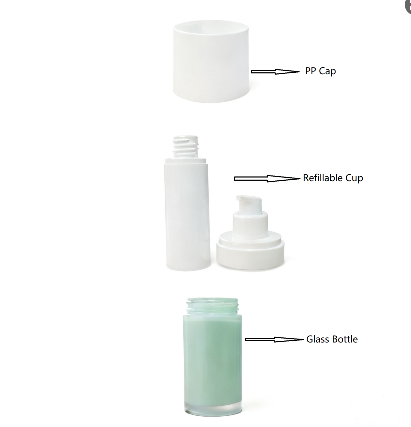 Cosmetic Glass Refillable Airless Skincare Packaging Set 30ml/50ml/100ml with PP Material and PCR Material Refillable Cup