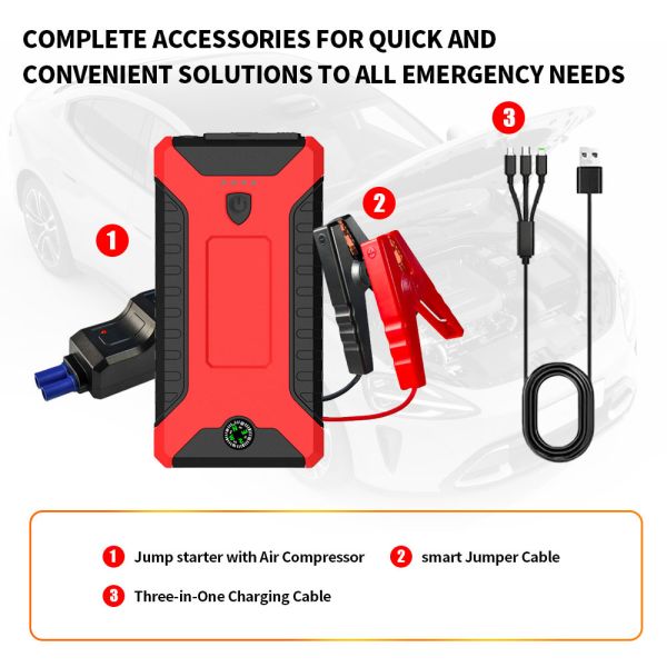 Multifunctional Auto Emergency Jump Starter 300A - 600A Gasoline Diesel Emergency Car Starter Pack  Digital Portable Emergency Car Battery Jump Starter with LED Light, Warning Light & SOS Integration