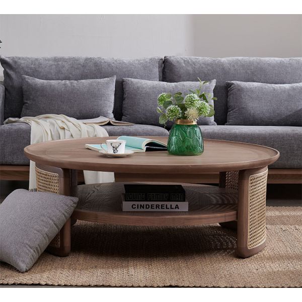 Vintage Solid Wood Rattan Round Coffee Table 80*80*40 For Hotel Hall