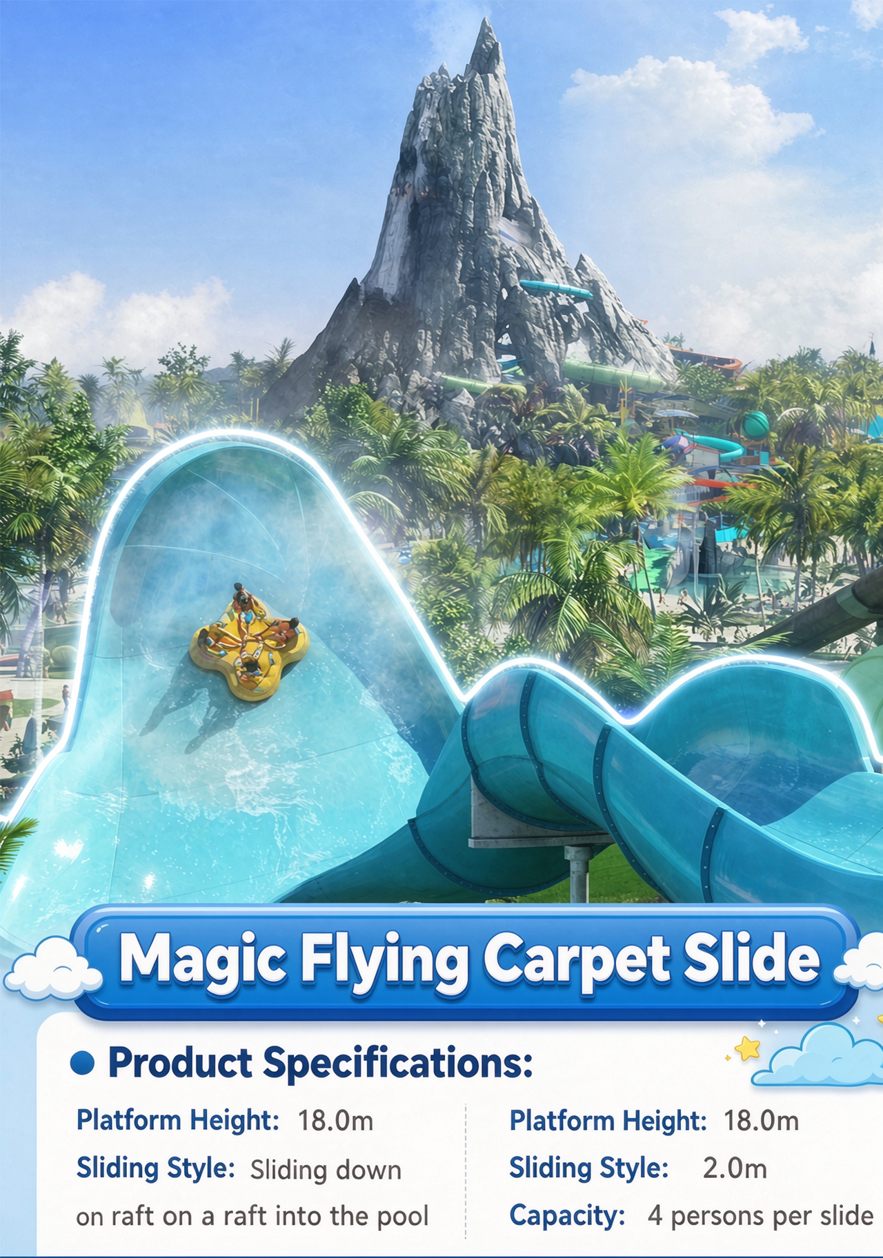 Commercial Magic Flying Carpet Slide | 18m Platform Height | 4-Person Raft | Custom FRP Water Slide with 12-Year Warranty