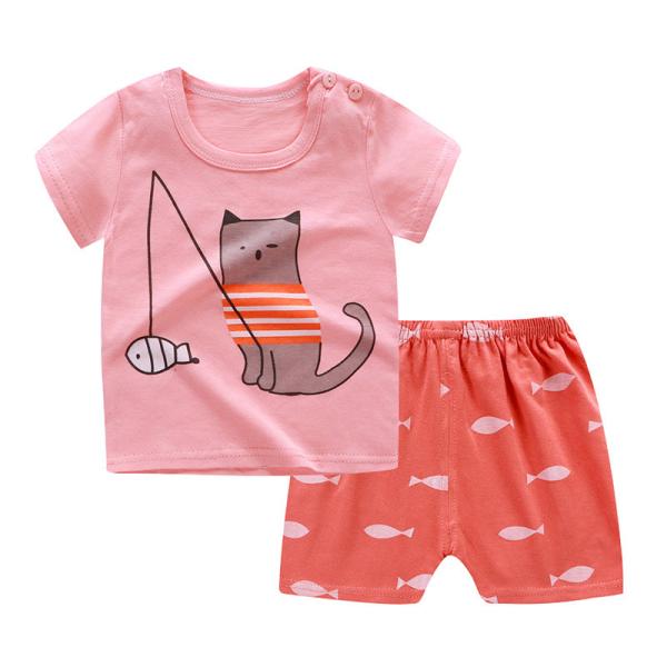 Summer Kids Pajama Set Plain Animal Short Sleeve Tee And Shorts