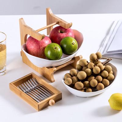 White Green 2 3 Tier Ceramic Fruit Bowl With Bamboo Wood Stand For Kitchen Counter