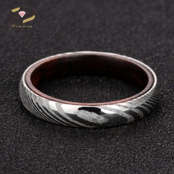 Stylish 4mm Damascus Steel and Rosewood Inner Wedding Bands for Newlywed Couples
