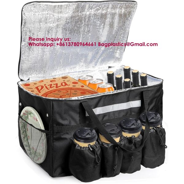 Insulated Food Delivery Bag With 4 Cup Holders/Drink Carriers, Large Catering Thermal Bag, Pizza Warmer Carrying Case, Insulated Hot & Cooler Bags For Beverages, Grocery, Food Transport