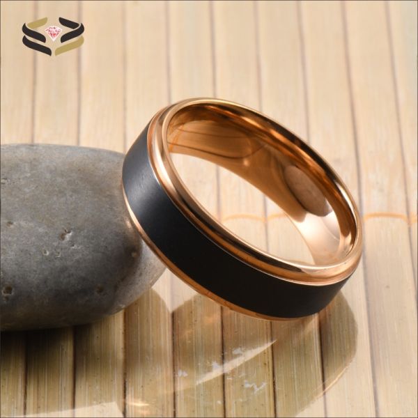 Anillos de titanio para boda, dos tonos, negro y oro rosa, mate cepillado, 8 mm, para hombre y mujer