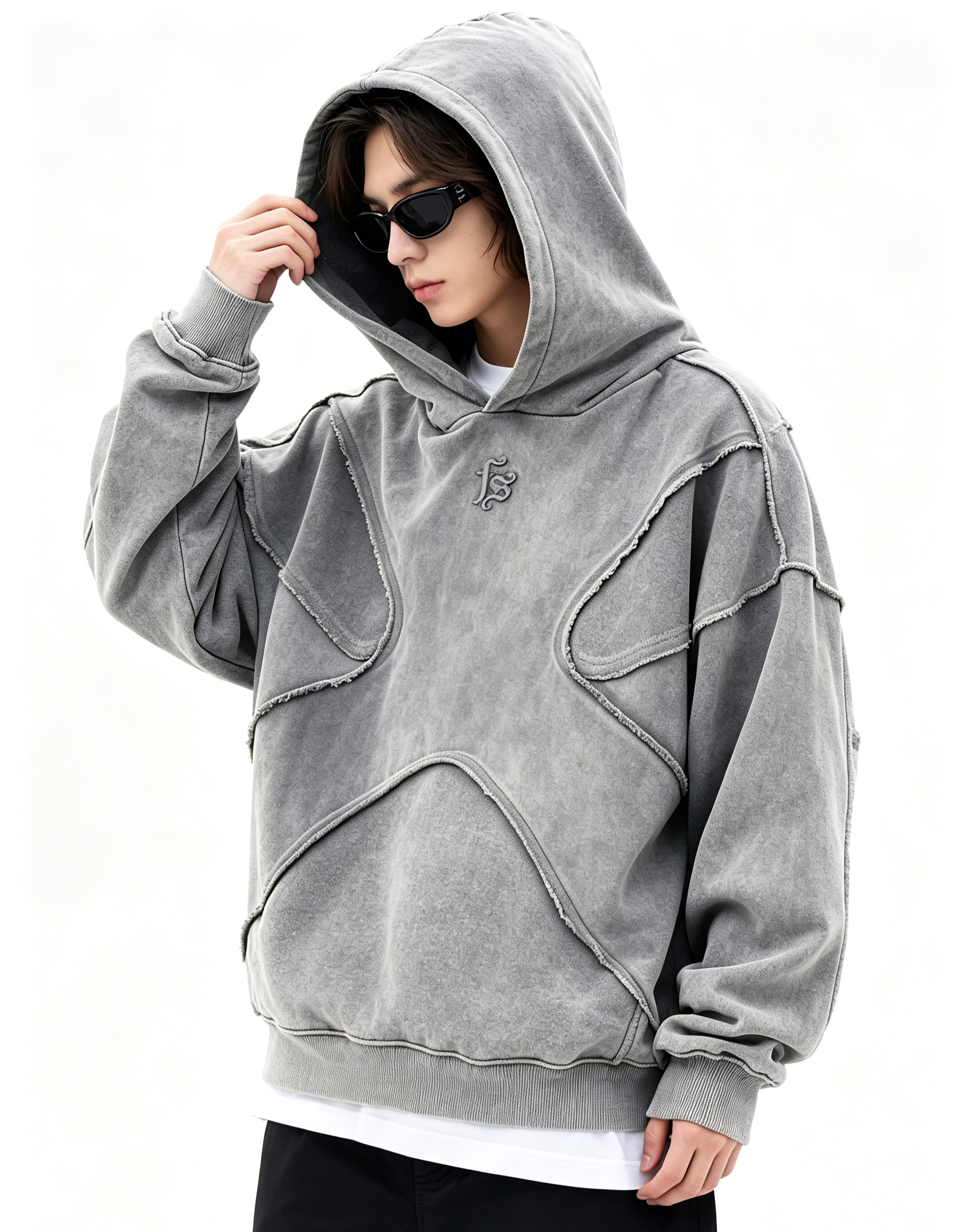 500G 100% Cotton Raw Edge Spliced Hoodie, Oversized Drop Shoulder Vintage Streetwear Pullover Hooded Sweatshirt for Bulk Wholesale