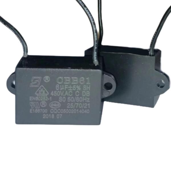 CBB61 450V 6.0mfd 100 Line Length Ceiling Fan Capacitor Plastic Triangles With Locating Holes Are On Both Sides