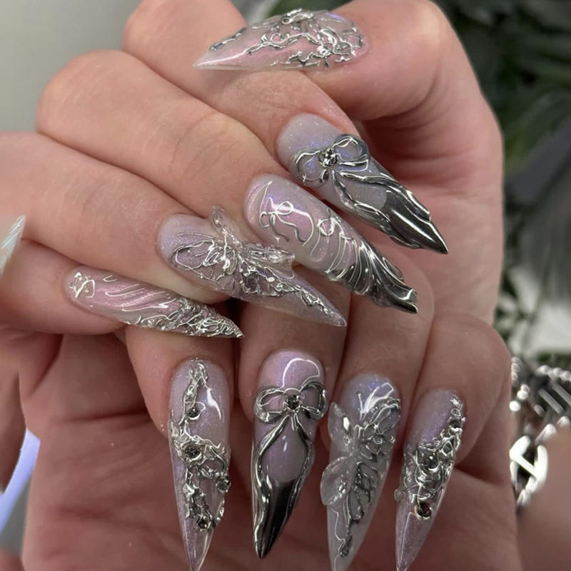 3D Silver Custom Press Nails Rhinestonerfly Private Label Service