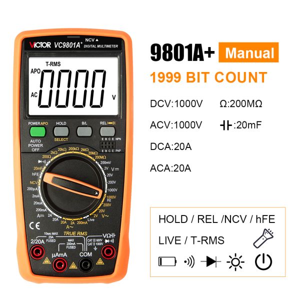 Victor VC9801A+ 9801 Pocket Multimeter True RMS Temperature Capacimetro Transistor Tester
