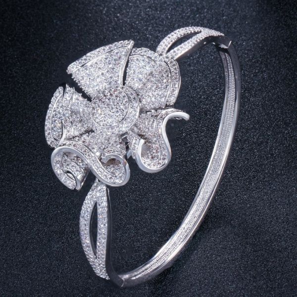 Flower Cubic Zirconia Bangle CZ Zircon Crystal Flower Bracelets for Women Wedding Bridal Bracelets Jewelry