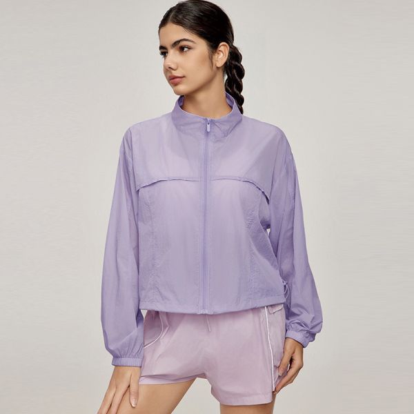Women's Coral Sheer Nylon Windbreaker Jacket Full Zip Loose Fit for Outdoor Sports