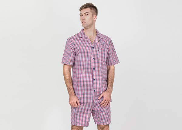 Cool Mens Button Up Pyjamas Woven Cotton Yarn Dyed Check Short Sleeve Shirt