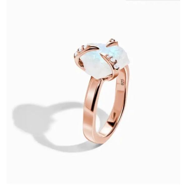 Trendy Jewelry Raw Moonstone Ring Sterling Silver 925 Irregular Three Prongs Women Jewelry