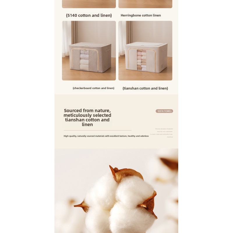 Modern Cotton Linen Clothing Storage Box with Steel Frame Foldable Quilt Down Jacket Organizer Fabric Storage Box