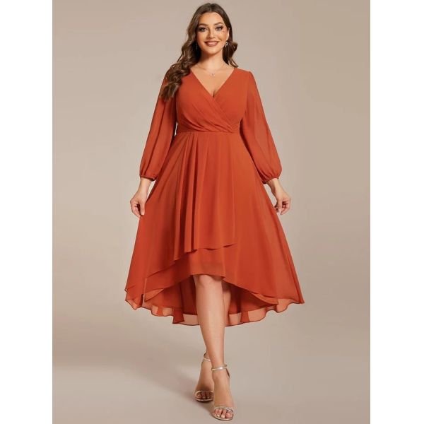 Elegant Empire Long Sleeve V-neck High Low A-line Ruffled Midi Burnt Orange Chiffon Wedding Guest Cocktail Dress