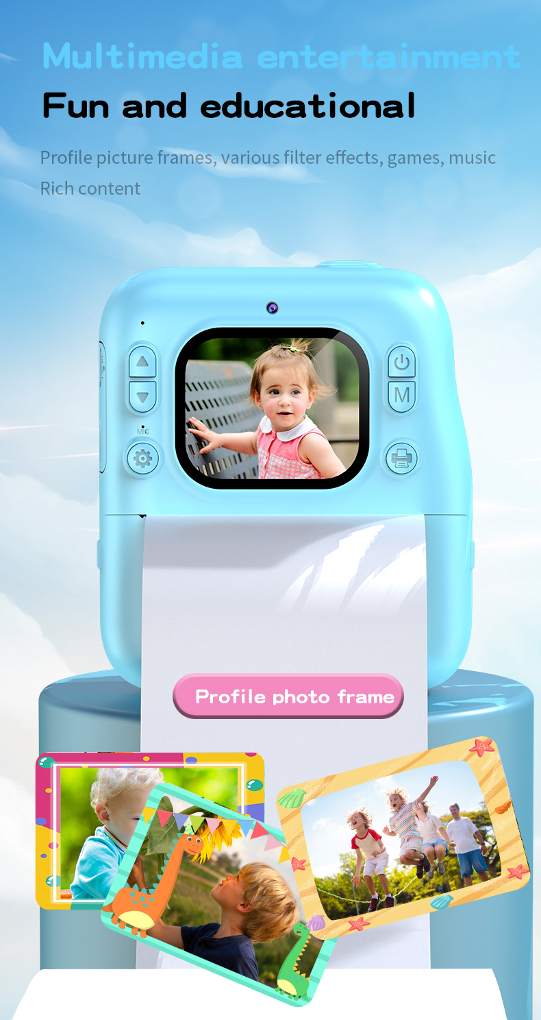 Kids Polorid Camera Full HD CCD Instant Print Thermal Paper Printing Selfie Flash Eye Protection IPS Screen 120 Wide Angle 3
