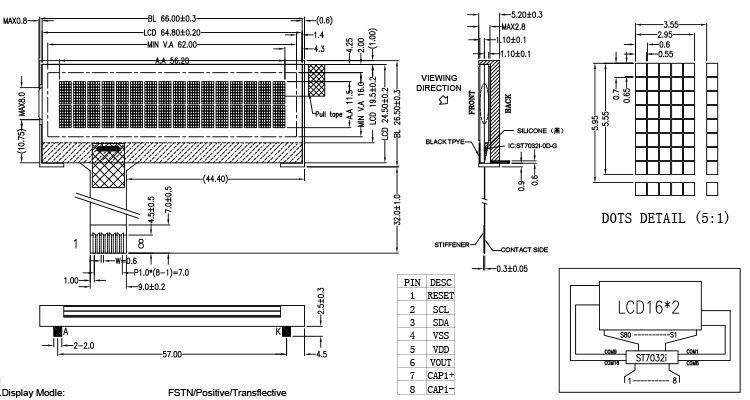 Positive 16 * 2 Character I2C LCD Display FSTN 1602 Custom Character COG Panel