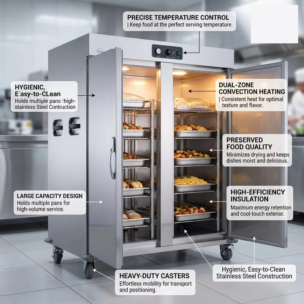 Commercial Food Warmer Cart with Double Door Design Stainless Steel Construction and Adjustable Temperature Control