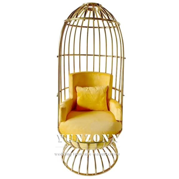 King Gold Throne Chair with Fancy Leather Bird Cage Shape Cushion Stainless Steel for Hotel or Living Room Event Furniture