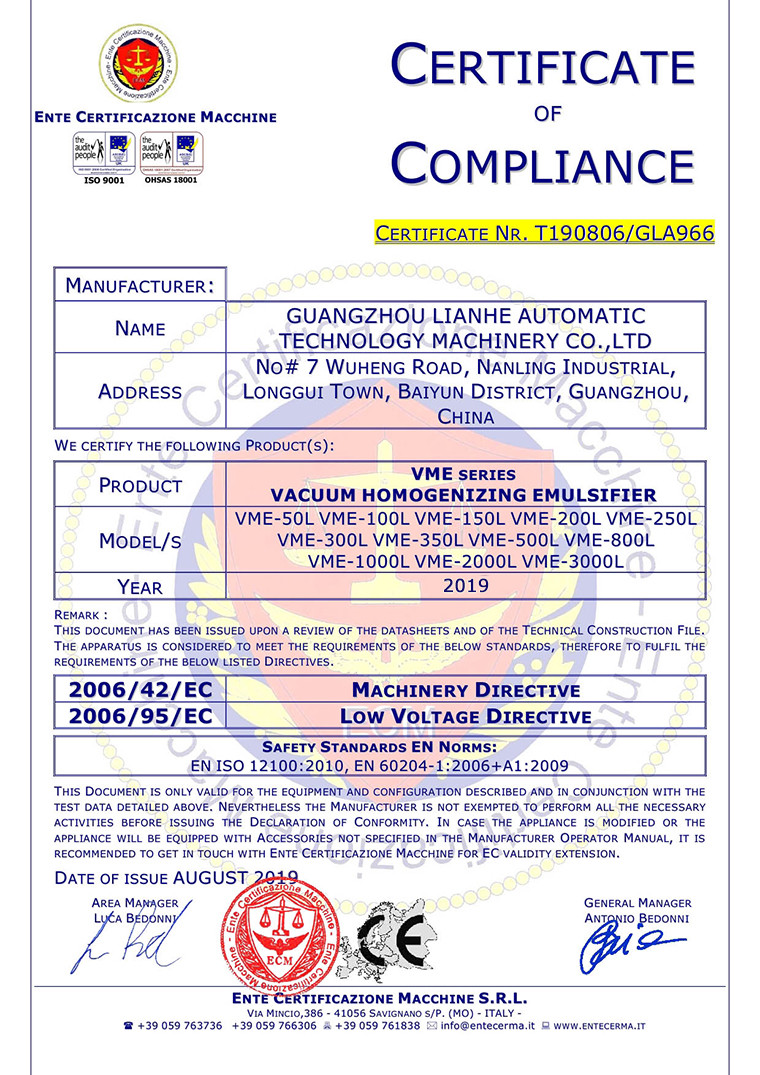 Guangzhou Lianhe Machinery Co., Ltd. Сертификации