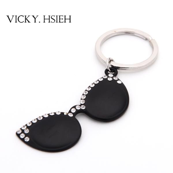 VICKY.HSIEH Rhodium Tone Crystal Rhinestone Pave Black Sun Glasses Key Chains
