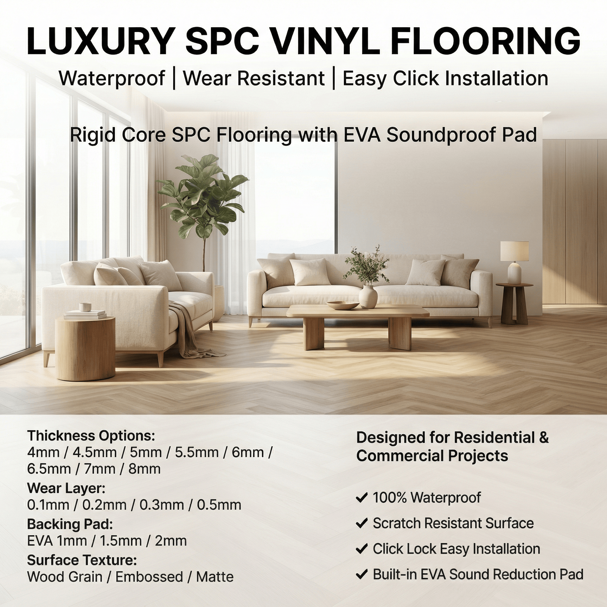 Wholesale Luxury Spc Vinyl Plank Flooring Anti-Slip Click Lock System 8mm 6mm 4mm Waterproof OEM Distributor Export