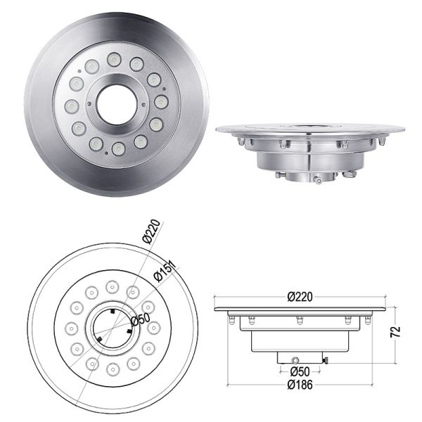 LED Underwater fountain lights 12W 18W 24W 12V /24V AC/DC Dia. 220 Center Hole Dia. 50mm Single or RGB Color