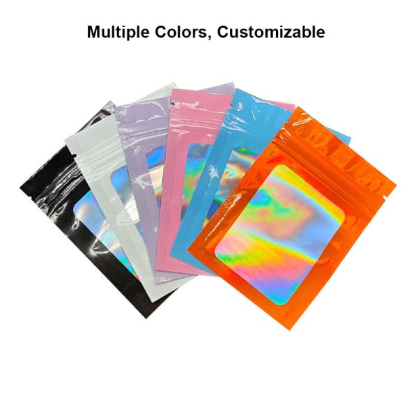 Resealable Holographic Mylar Bags Small Packaging Pouch Plastic Ziplock Bag with Window for Small Accessories Jewelry Bag