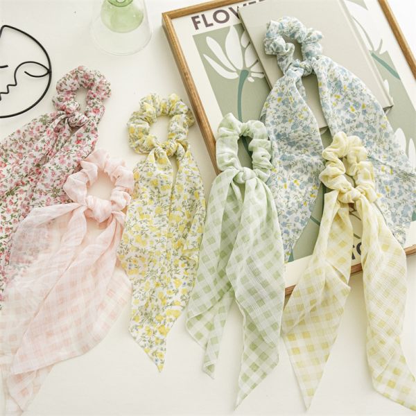 Spring summer fresh floral temperament streamer hairband girl head rope check large hair band leather band headdress