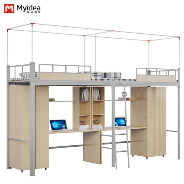 Bela e prática, cama dupla de apartamento de estudantes com quadro de cortina