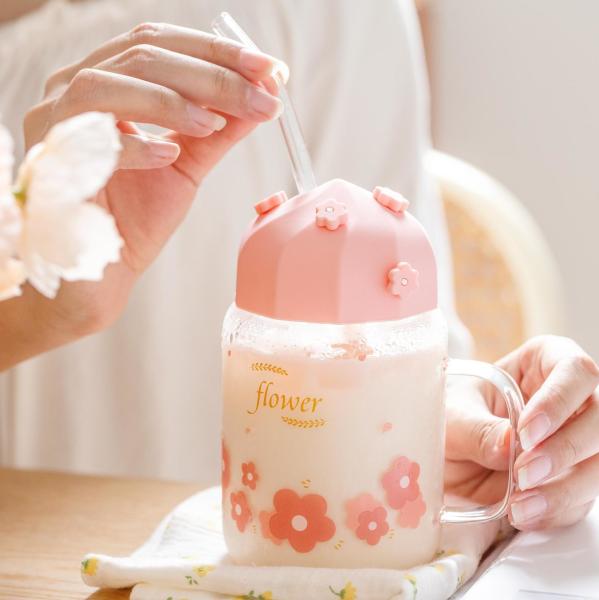 High Appearance Level Cherry Blossom Glass Cup With Straw Silicone Lid Cute Flower Girl Drinking Cup