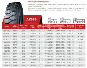 O caminhão de mina clássico de AR535 8.25R20 monta pneus a capacidade excelente
