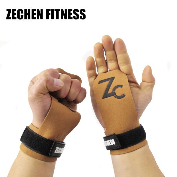 Leather Crossfit Hand Grips Fingerless Gymnastic 2 Holes Microfiber Brown