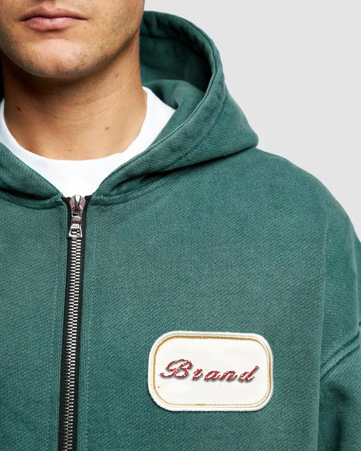 Custom Logo Patch Applique Embroidery Heavyweight 600 gsm Hoodie Baggy Boxy Cropped Acid Wash Double Zipper Hoodie