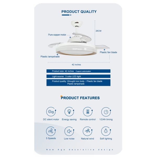 ceiling fan Sala de estar Smart 42 polegadas Invisível LED ventilador de teto com lâminas ocultas