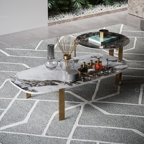 Luxury SS Coffee Table Tv Stand Natural Ivory White Marble