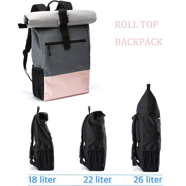 Recycled Waterproof Roll Top Backpack 17.7 Inch Casual Roll Top Travel Backpack