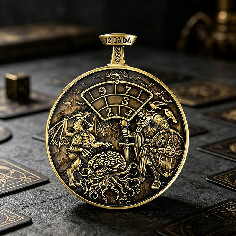 Solid Zinc Alloy Dual-Sided 3D Epic Dragon/Battle Relief Metal Dice Spinner with Press-to-Spin Mechanism
