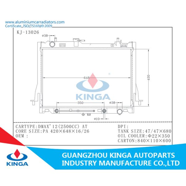 DMAX 12(2500CC) AT Aluminum Car Radiator for ISUZU Radiator Plastic Tank