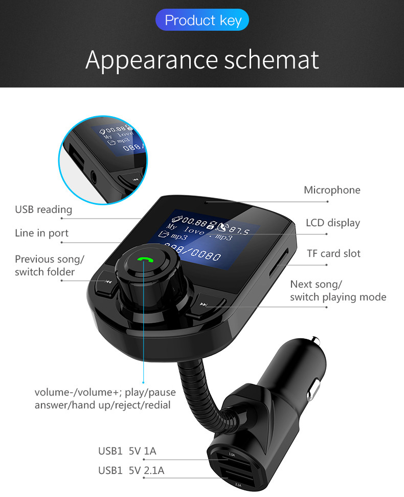 переходник автомобиля набора 3.5mm Bluetooth автомобиля 1.44inch LCD хэндс-фри Bluetooth