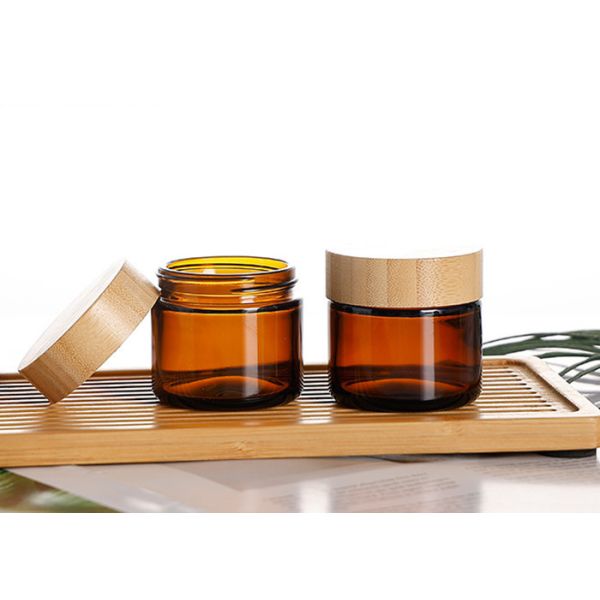 10g 30g 50g 100g Cosmetic Bamboo Lid Glass Jars 50g Face Cream Amber Glass Jar with Bamboo Lid