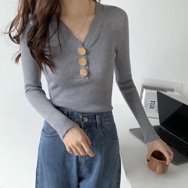 Ladies Long Sleeve Pullover Deep V Neck Knit Sweater With Buttons