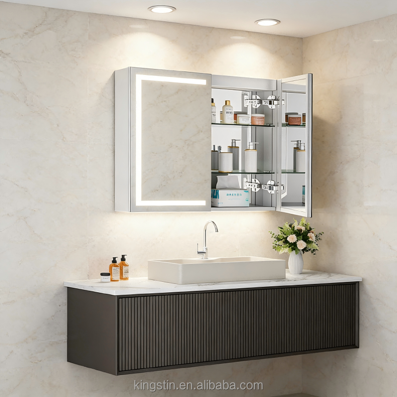 Kingstin Space-Saving Bathroom Mirror with LED Lights & Built-in Storage Cabinet Single Door for Modern Toilet Vanity