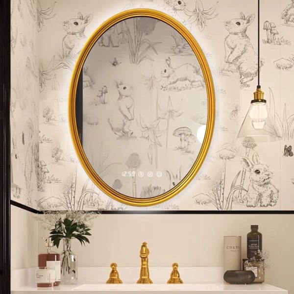 French Vintage Carved Frame Smart Bathroom Mirror Energy-Saving LED Light Oval Contour Anti-Fog Modern Salon Apartment Villa