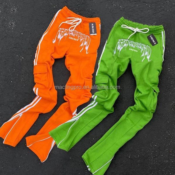 Cotton Flared Sweatpants For Men Women Zipper Pockets Cargo Pants Stacked Flared Stripe Sweatpants